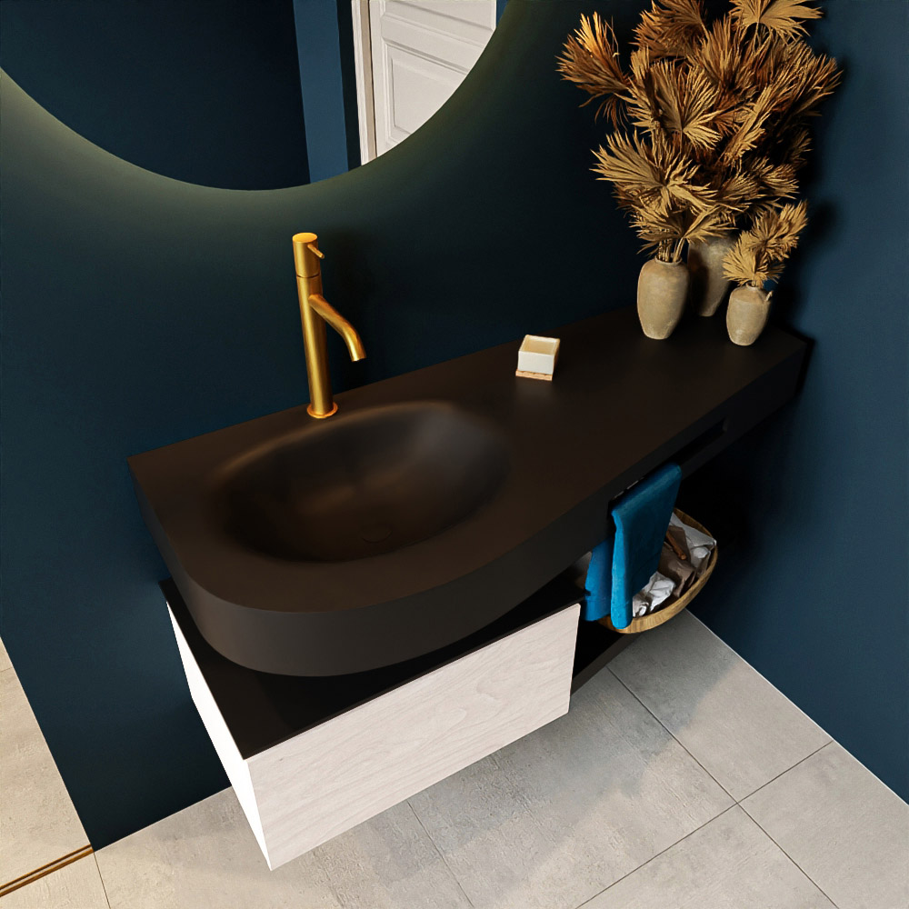 MONDIAZ RIVA 120cm mueble de baño / estante color Underlayment con 1 cajón. Lavabo DULCET Izquierda 1 orificio, color Urban. 2 color Urban.