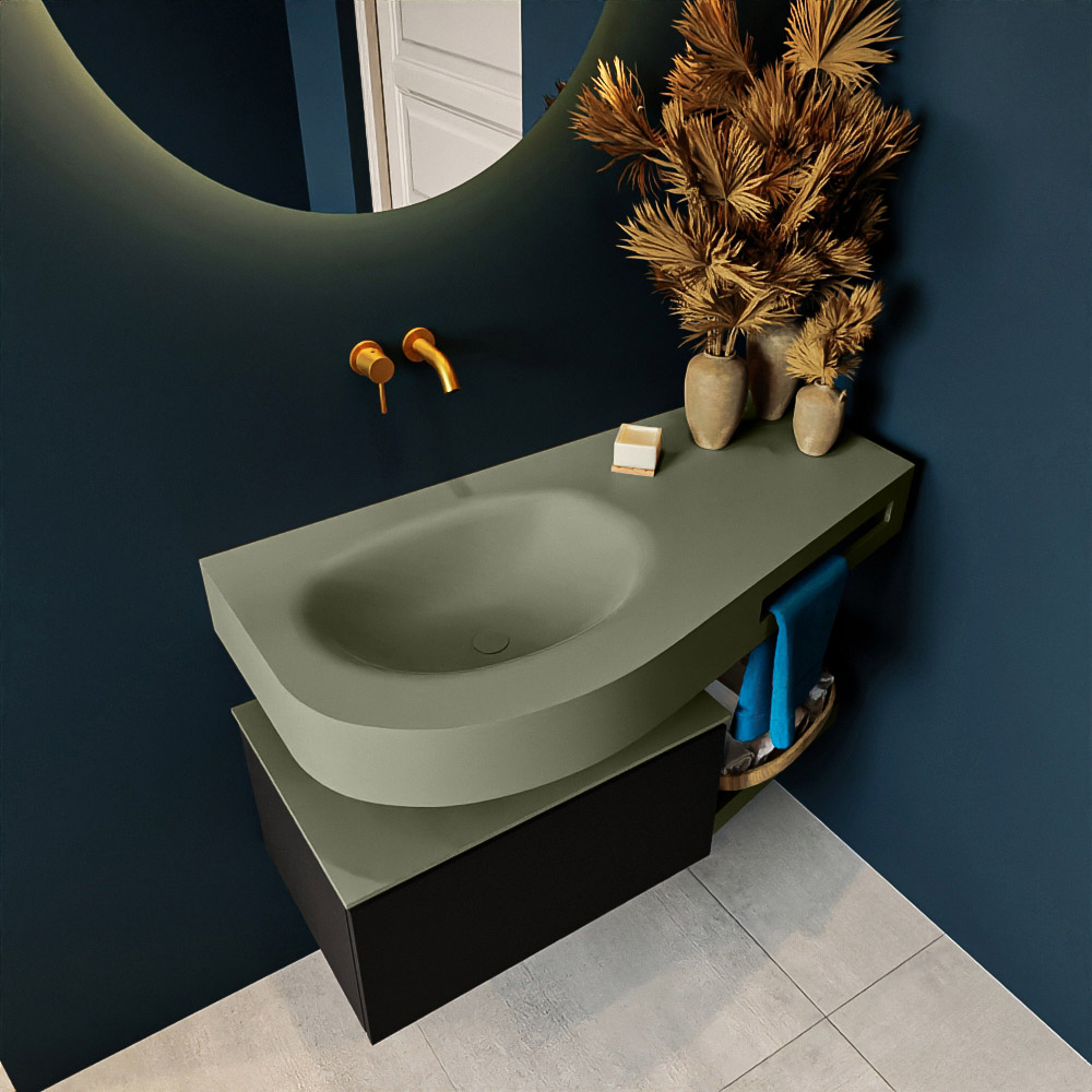 MONDIAZ RIVA 100cm mueble de baño / estante color Urban con 1 cajón. Lavabo DULCET Izquierda sin orificio, color Army. 2 color Army.