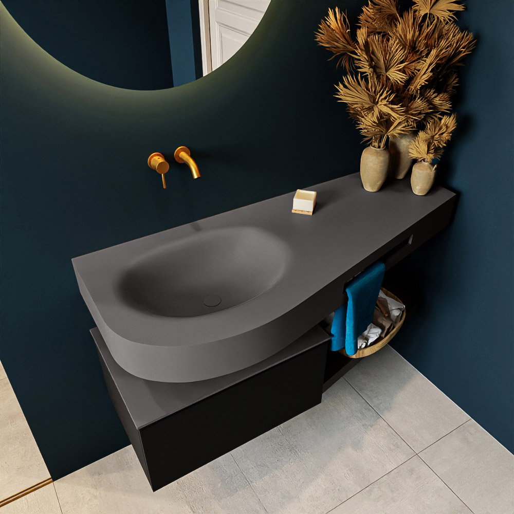 MONDIAZ RIVA 120cm mueble de baño / estante color Urban con 1 cajón. Lavabo DULCET Izquierda sin orificio, color Dark Grey. 2 color Dark Grey.