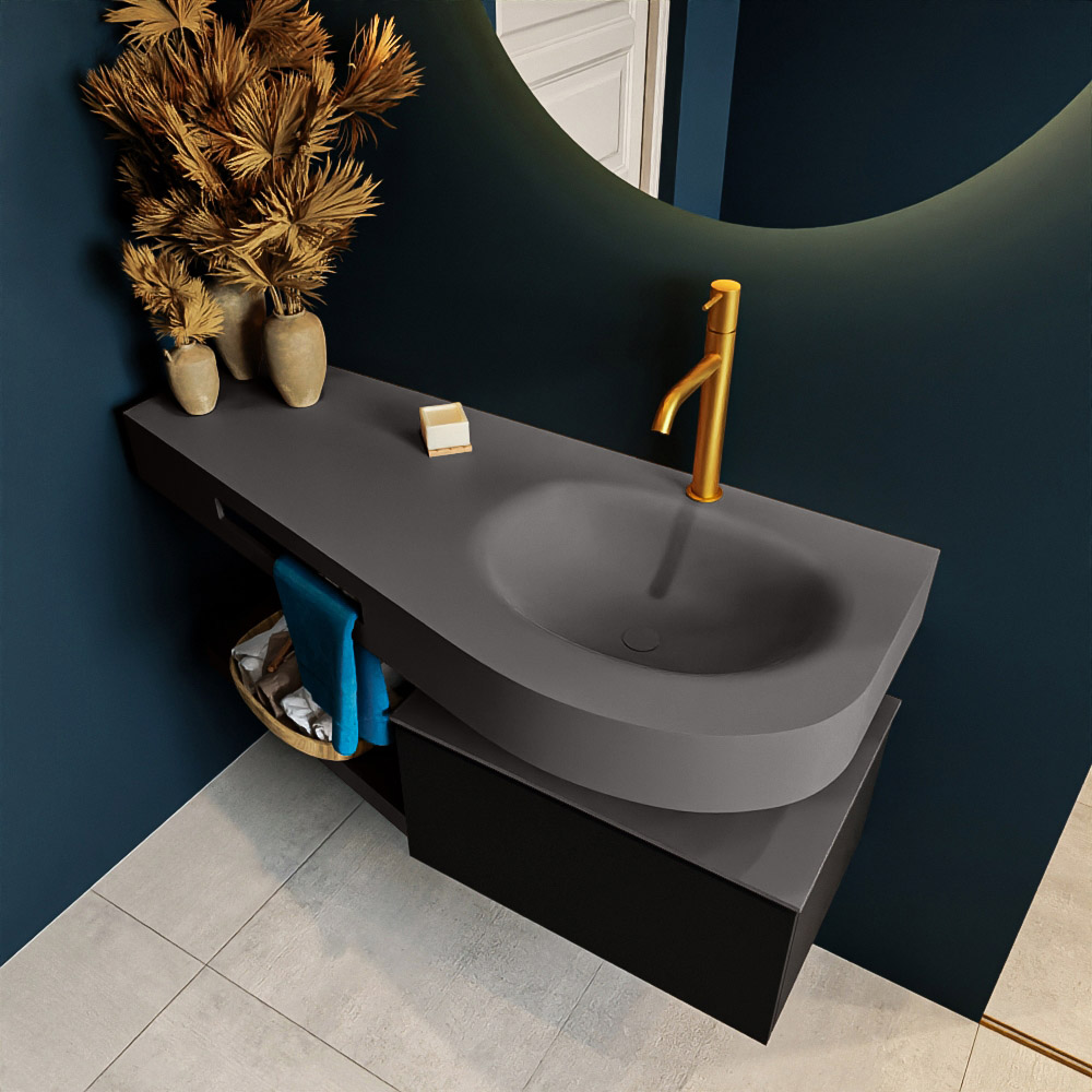 MONDIAZ RIVA 120cm mueble de baño / estante color Urban con 1 cajón. Lavabo DULCET Derecho 1 orificio, color Dark Grey. 2 color Dark Grey.