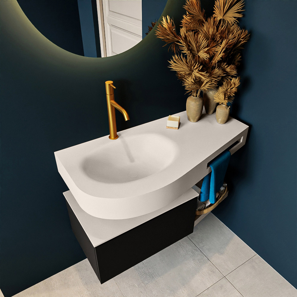 MONDIAZ RIVA 100cm mueble de baño / estante color Urban con 1 cajón. Lavabo DULCET Izquierda 1 orificio, color Linen. 2 color Linen.