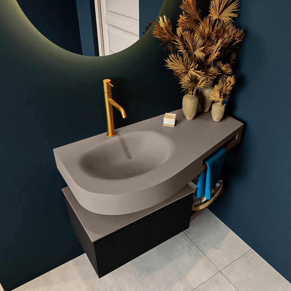 MONDIAZ RIVA 100cm mueble de baño / estante color Urban con 1 cajón. Lavabo DULCET Izquierda 1 orificio, color Smoke. 2 color Smoke.