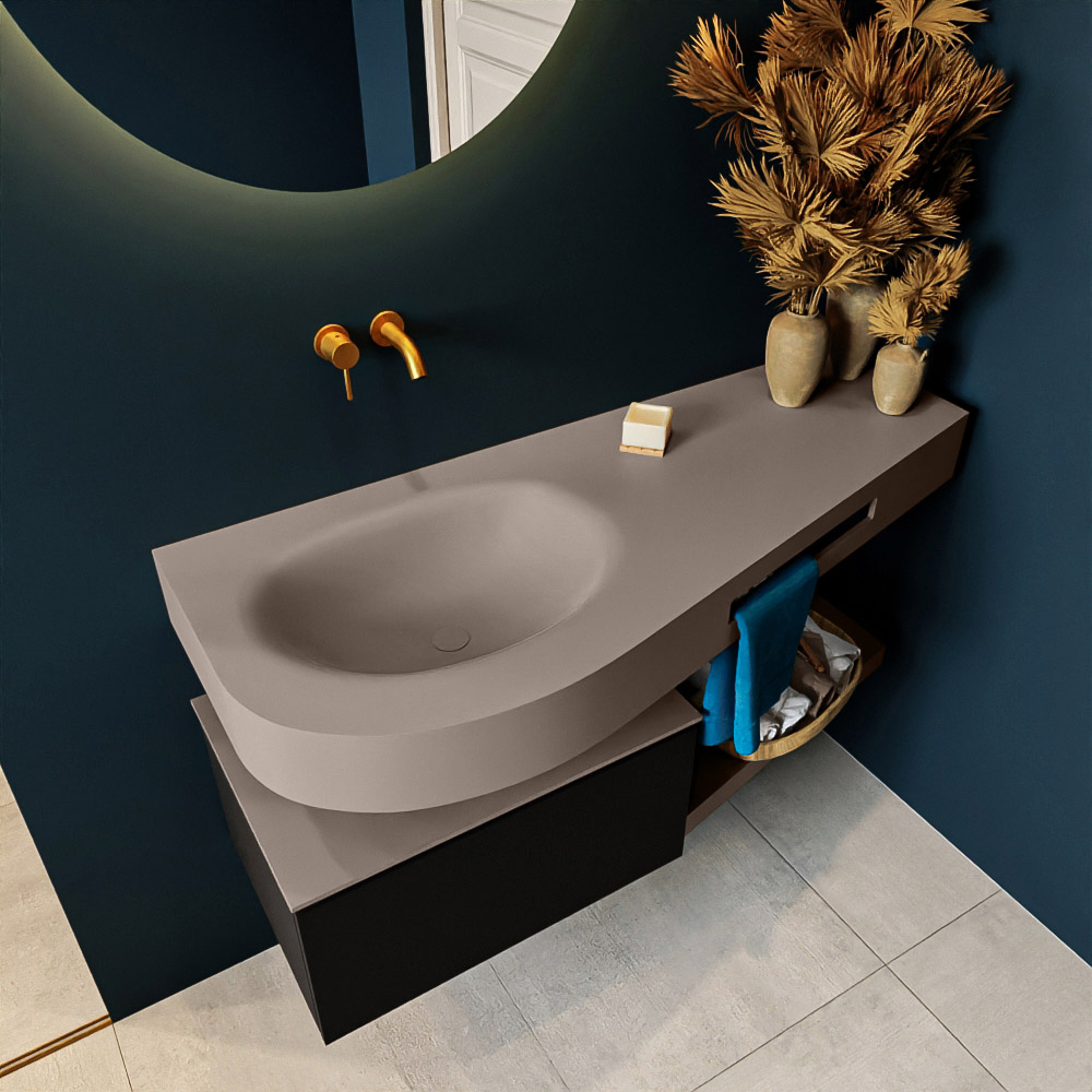 MONDIAZ RIVA 120cm mueble de baño / estante color Urban con 1 cajón. Lavabo DULCET Izquierda sin orificio, color Smoke. 2 color Smoke.