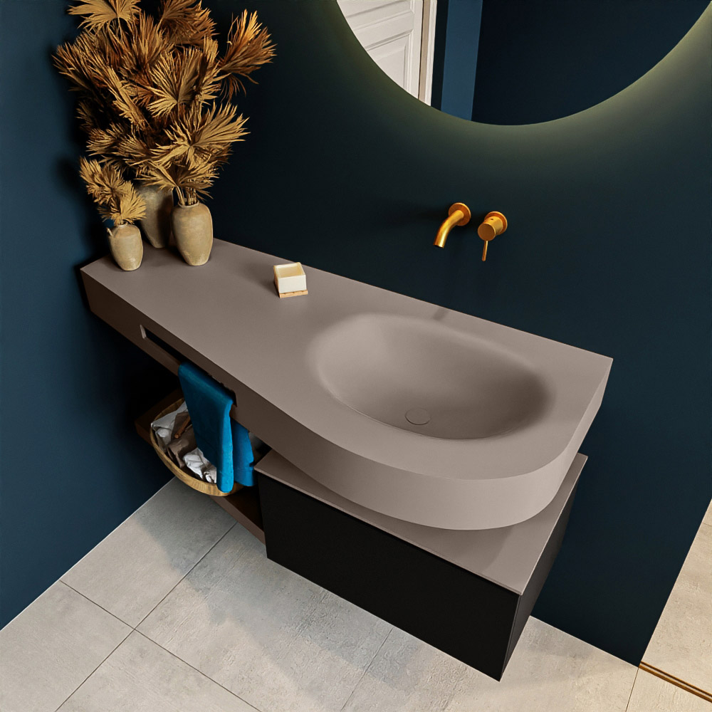 MONDIAZ RIVA 120cm mueble de baño / estante color Urban con 1 cajón. Lavabo DULCET Derecho sin orificio, color Smoke. 2 color Smoke.