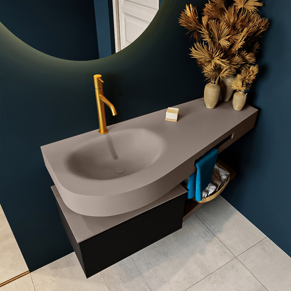 MONDIAZ RIVA 120cm mueble de baño / estante color Urban con 1 cajón. Lavabo DULCET Izquierda 1 orificio, color Smoke. 2 color Smoke.