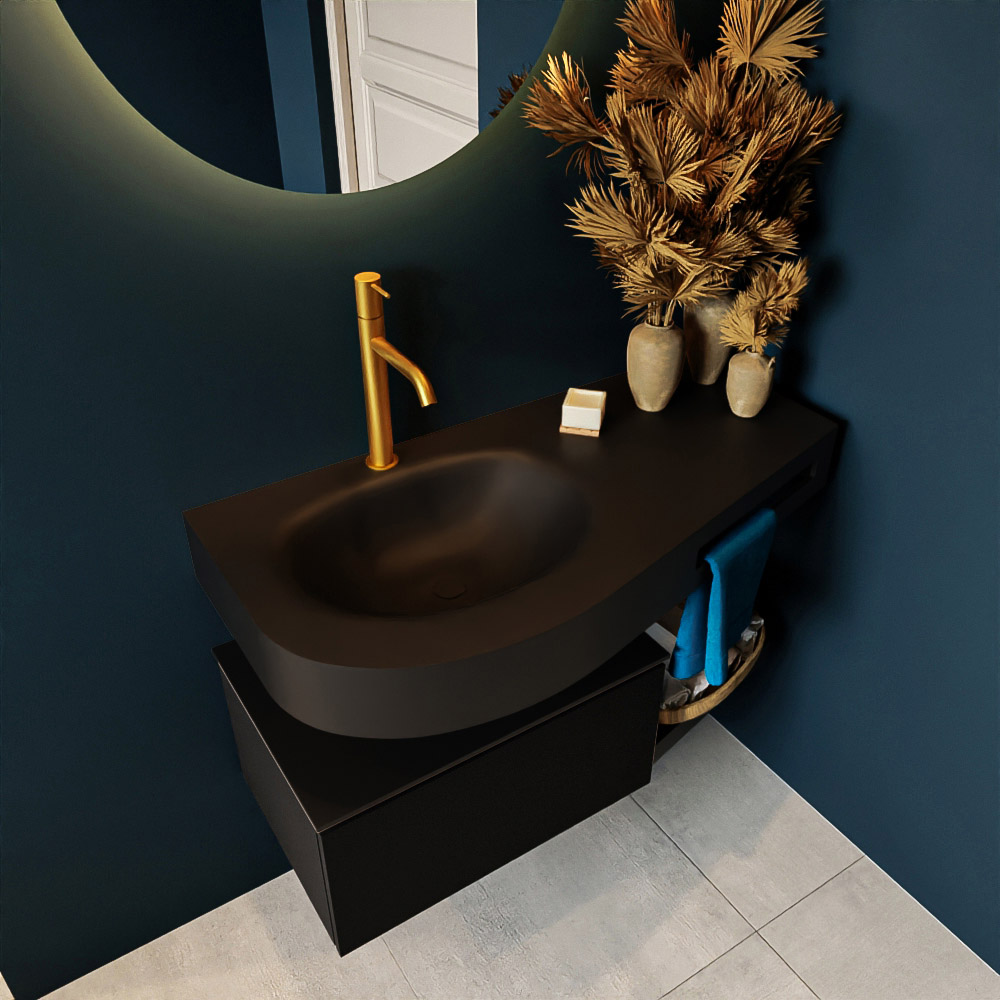 MONDIAZ RIVA 100cm mueble de baño / estante color Urban con 1 cajón. Lavabo DULCET Izquierda 1 orificio, color Urban. 2 color Urban.