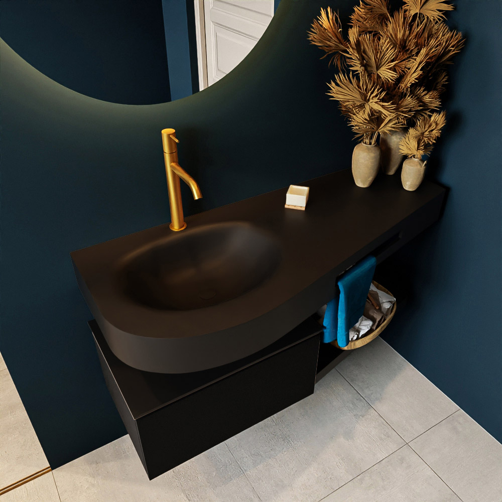 MONDIAZ RIVA 120cm mueble de baño / estante color Urban con 1 cajón. Lavabo DULCET Izquierda 1 orificio, color Urban. 2 color Urban.