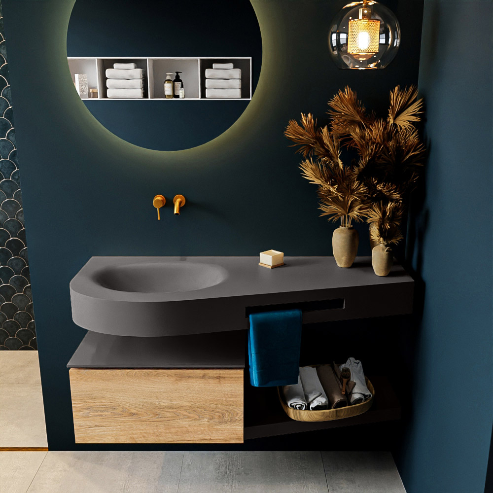 MONDIAZ RIVA 120cm mueble de baño / estante color Washed Oak con 1 cajón. Lavabo DULCET Izquierda sin orificio, color Dark Grey. - Imagen 3
