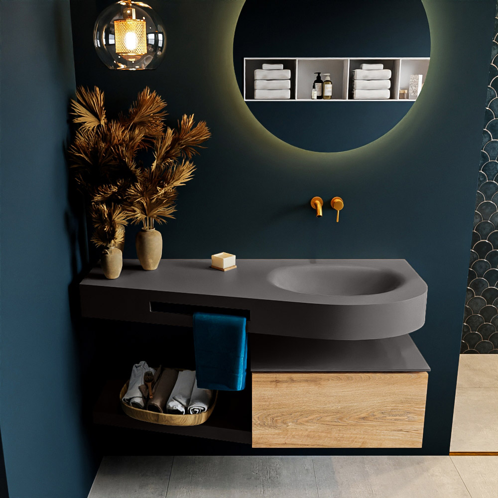 MONDIAZ RIVA 120cm mueble de baño / estante color Washed Oak con 1 cajón. Lavabo DULCET Derecho sin orificio, color Dark Grey. 3 MONDIAZ RIVA 120cm mueble de baño / estante color Washed Oak con 1 cajón. Lavabo DULCET Derecho sin orificio, color Dark Grey. - Imagen 3