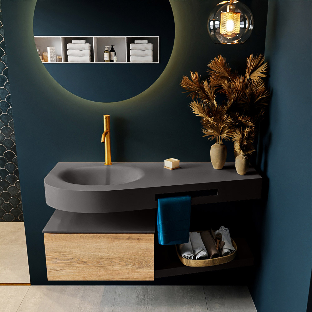 MONDIAZ RIVA 120cm mueble de baño / estante color Washed Oak con 1 cajón. Lavabo DULCET Izquierda 1 orificio, color Dark Grey. - Imagen 3