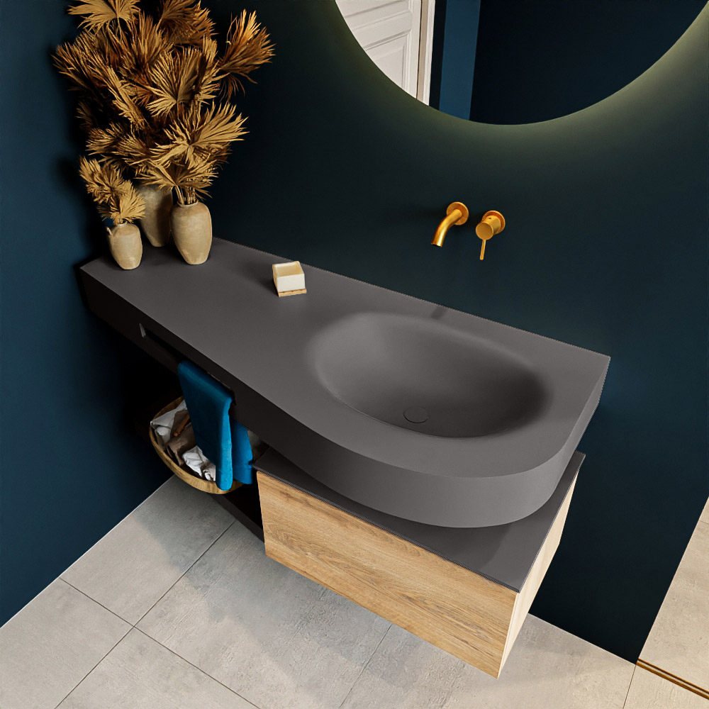 MONDIAZ RIVA 120cm mueble de baño / estante color Washed Oak con 1 cajón. Lavabo DULCET Derecho sin orificio, color Dark Grey. 2 color Dark Grey.