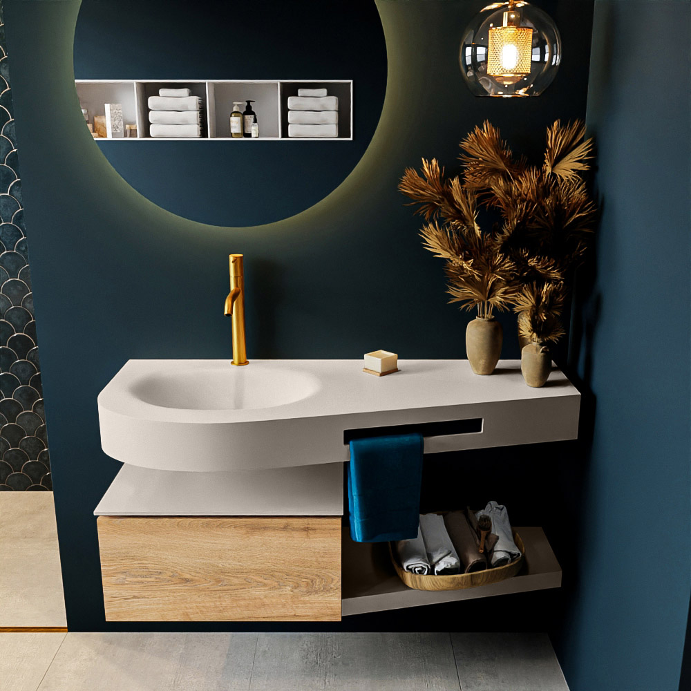 MONDIAZ RIVA 120cm mueble de baño / estante color Washed Oak con 1 cajón. Lavabo DULCET Izquierda 1 orificio, color Linen. 3 MONDIAZ RIVA 120cm mueble de baño / estante color Washed Oak con 1 cajón. Lavabo DULCET Izquierda 1 orificio, color Linen. - Imagen 3