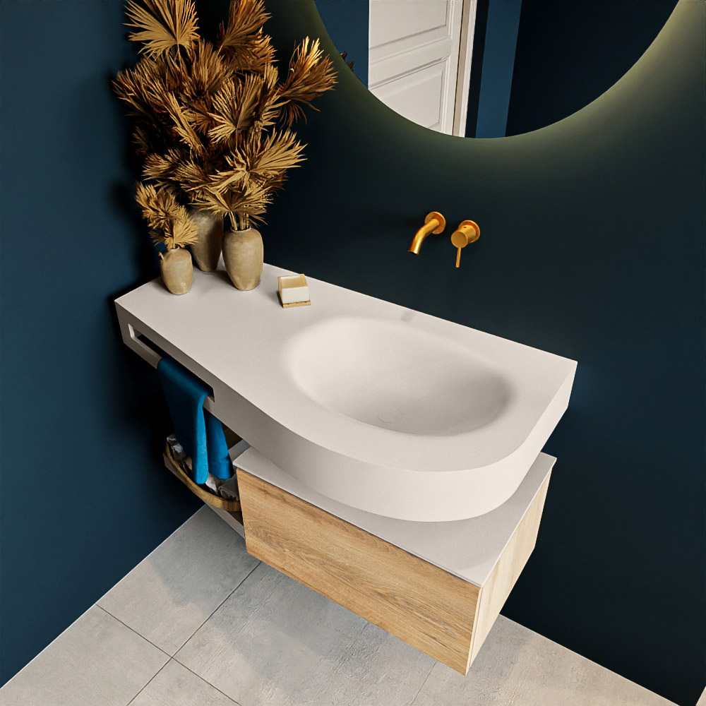 MONDIAZ RIVA 100cm mueble de baño / estante color Washed Oak con 1 cajón. Lavabo DULCET Derecho sin orificio, color Linen. 2 color Linen.