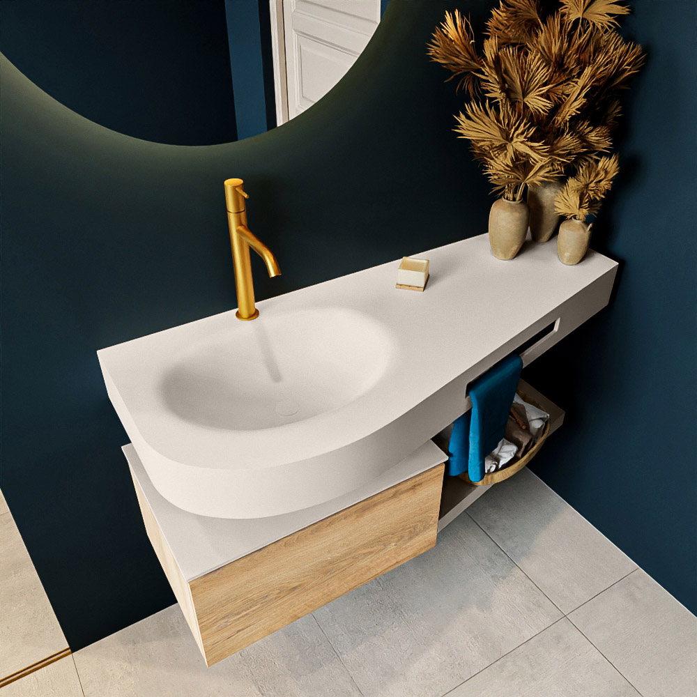 MONDIAZ RIVA 120cm mueble de baño / estante color Washed Oak con 1 cajón. Lavabo DULCET Izquierda 1 orificio, color Linen. 2 color Linen.