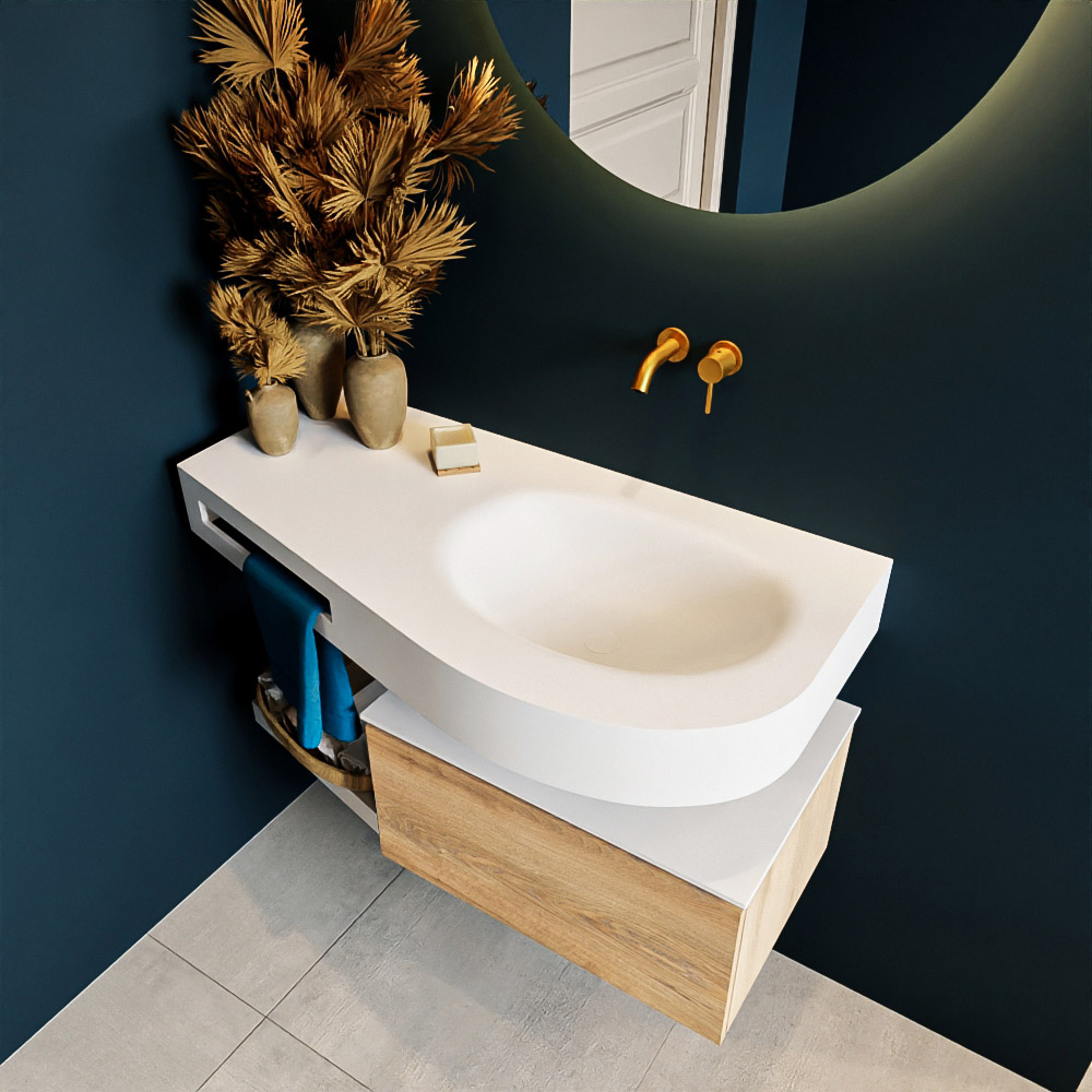 MONDIAZ RIVA 100cm mueble de baño / estante color Washed Oak con 1 cajón. Lavabo DULCET Derecho sin orificio, color Talc. 2 color Talc.