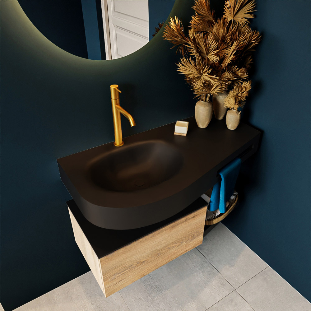 MONDIAZ RIVA 100cm mueble de baño / estante color Washed Oak con 1 cajón. Lavabo DULCET Izquierda 1 orificio, color Urban. 2 color Urban.