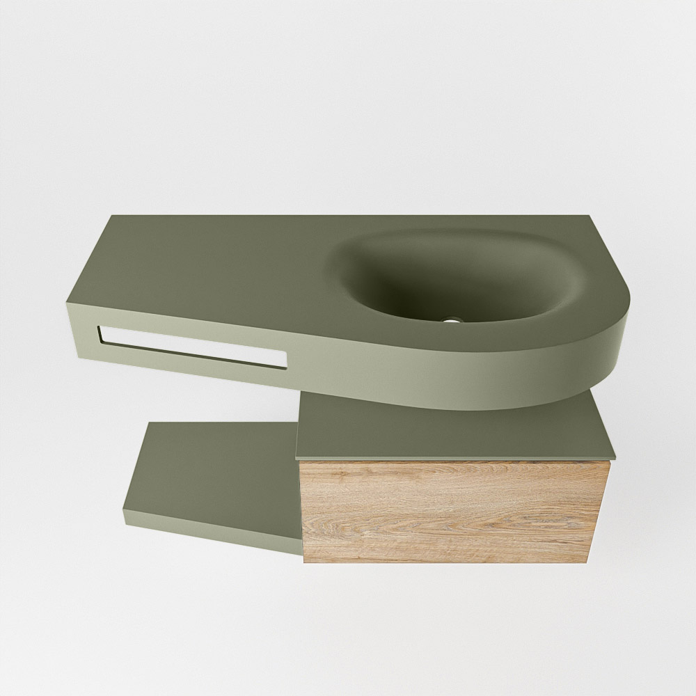 MONDIAZ RIVA 100cm mueble de baño / estante color Washed Oak con 1 cajón. Lavabo DULCET Derecho sin orificio, color Army. - Imagen 6