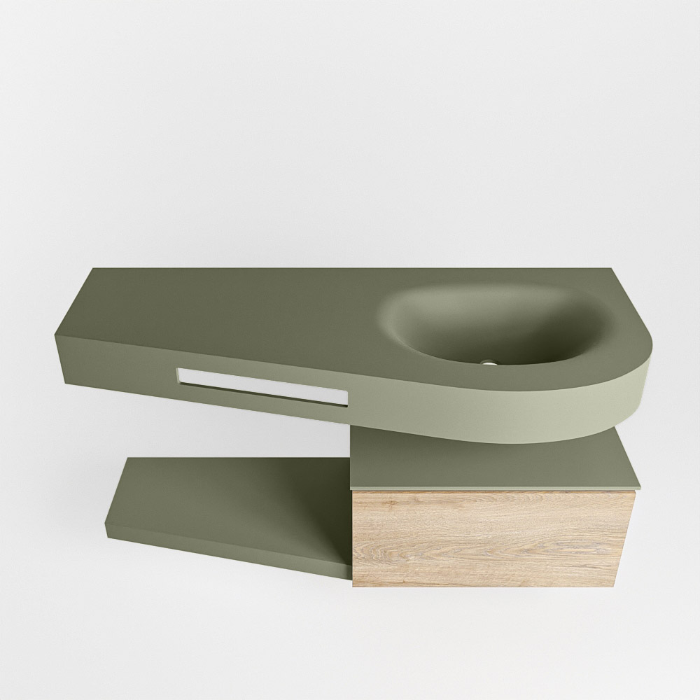 MONDIAZ RIVA 120cm mueble de baño / estante color Washed Oak con 1 cajón. Lavabo DULCET Derecho sin orificio, color Army. - Imagen 6
