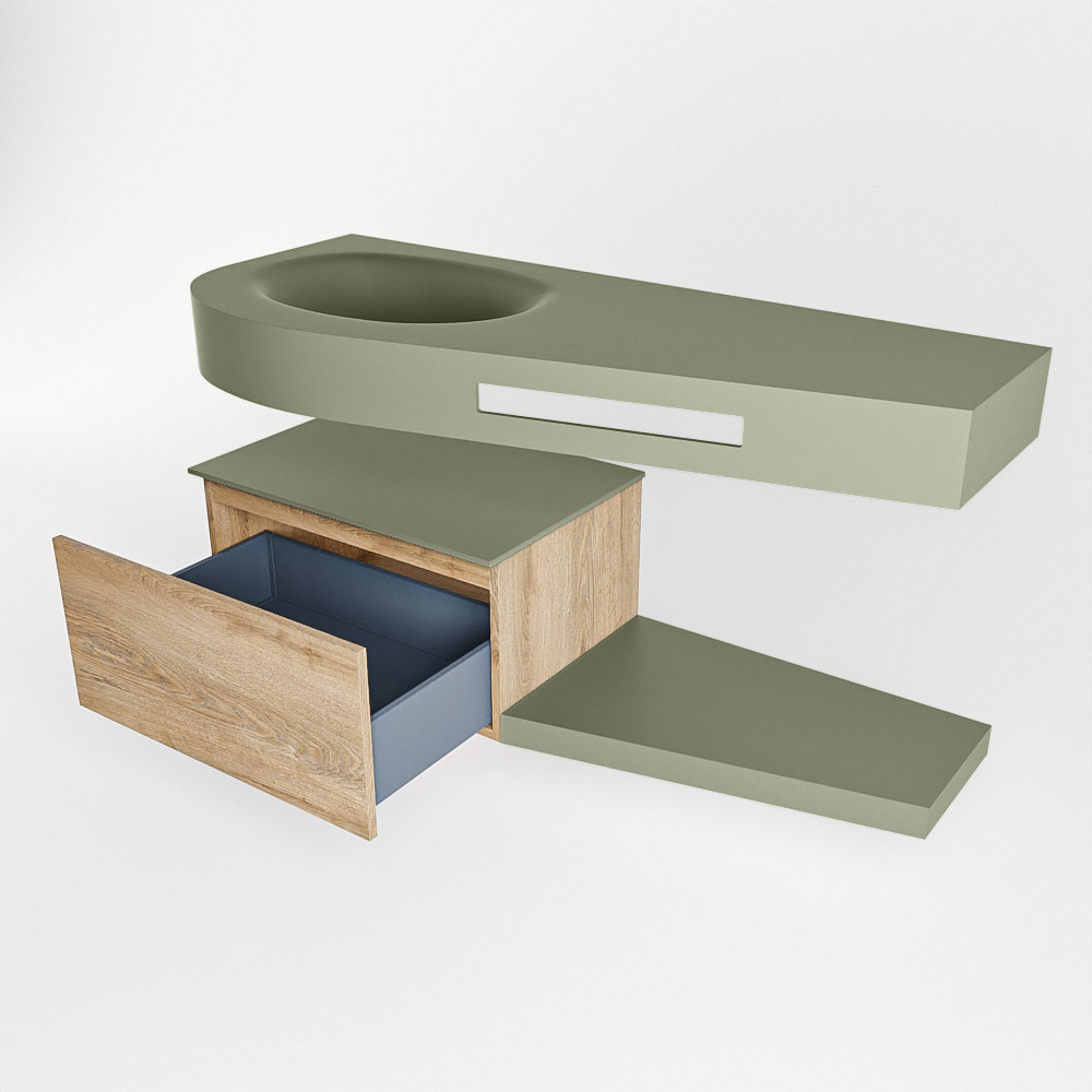 MONDIAZ RIVA 120cm mueble de baño / estante color Washed Oak con 1 cajón. Lavabo DULCET Izquierda sin orificio, color Army. - Imagen 5