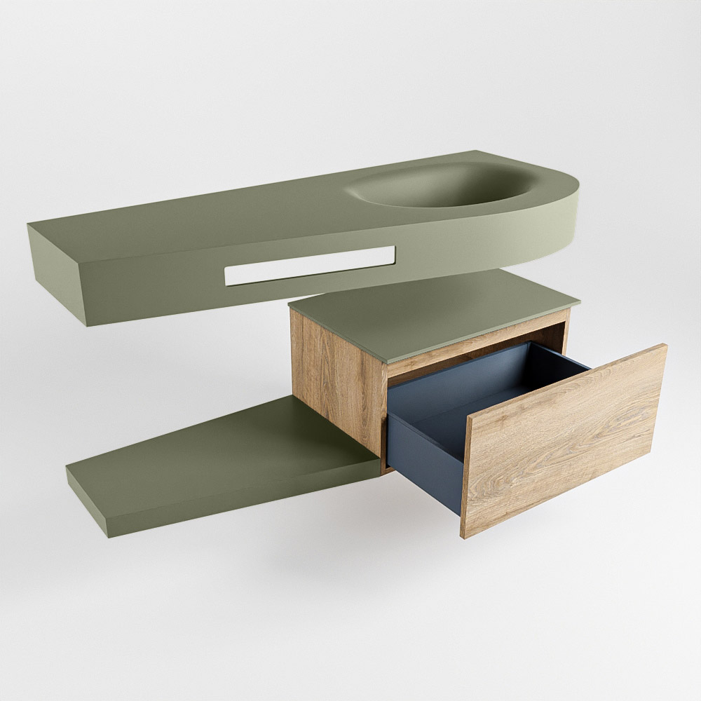 MONDIAZ RIVA 120cm mueble de baño / estante color Washed Oak con 1 cajón. Lavabo DULCET Derecho sin orificio, color Army. - Imagen 5
