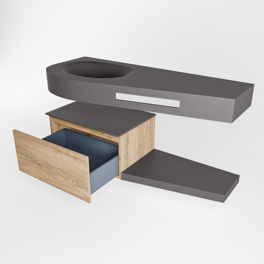 MONDIAZ RIVA 120cm mueble de baño / estante color Washed Oak con 1 cajón. Lavabo DULCET Izquierda sin orificio, color Dark Grey. - Imagen 5