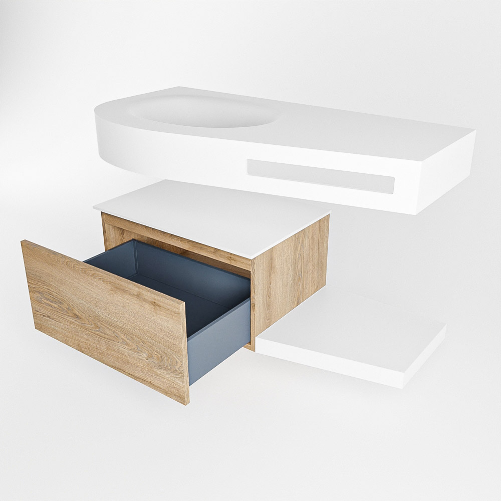 MONDIAZ RIVA 100cm mueble de baño / estante color Washed Oak con 1 cajón. Lavabo DULCET Izquierda sin orificio, color Talc. - Imagen 5