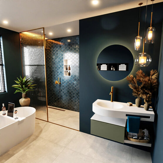 MONDIAZ RIVA 100cm mueble de baño / estante color Army con 1 cajón. Lavabo DULCET Izquierda 1 orificio