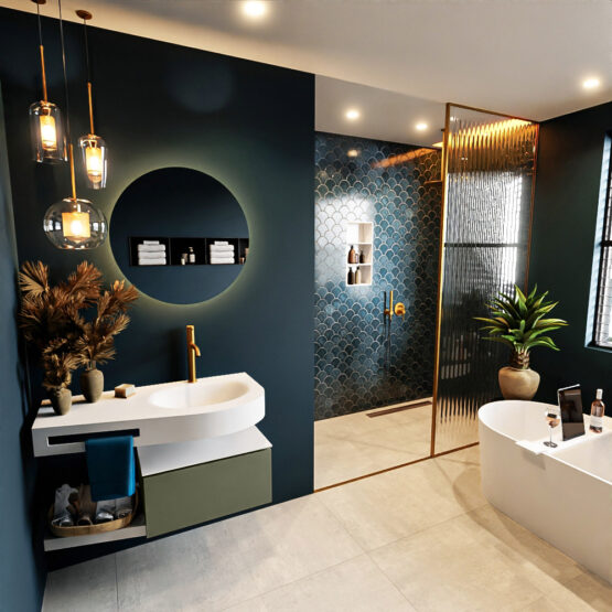 MONDIAZ RIVA 100cm mueble de baño / estante color Army con 1 cajón. Lavabo DULCET Derecho 1 orificio