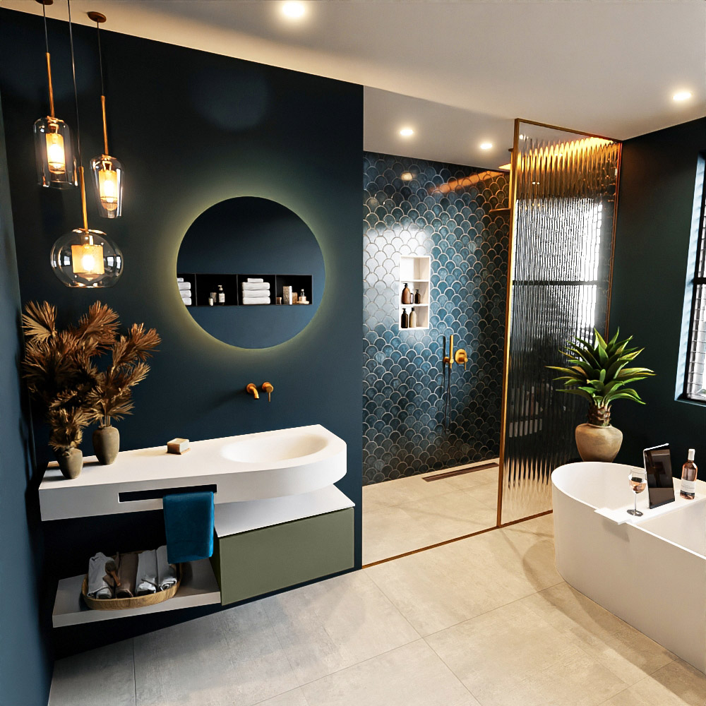 MONDIAZ RIVA 120cm mueble de baño / estante color Army con 1 cajón. Lavabo DULCET Derecho sin orificio, color Talc. 1 MONDIAZ RIVA 120cm mueble de baño / estante color Army con 1 cajón. Lavabo DULCET Derecho sin orificio