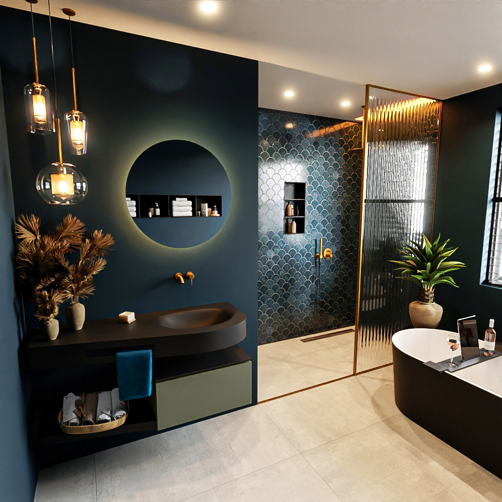 MONDIAZ RIVA 120cm mueble de baño / estante color Army con 1 cajón. Lavabo DULCET Derecho sin orificio, color Urban. 1 MONDIAZ RIVA 120cm mueble de baño / estante color Army con 1 cajón. Lavabo DULCET Derecho sin orificio