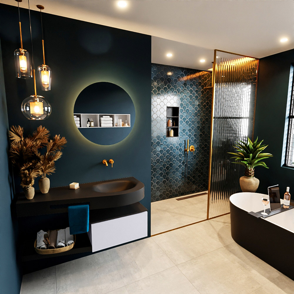 MONDIAZ RIVA 120cm mueble de baño / estante color Cale con 1 cajón. Lavabo DULCET Derecho sin orificio, color Urban. 1 MONDIAZ RIVA 120cm mueble de baño / estante color Cale con 1 cajón. Lavabo DULCET Derecho sin orificio