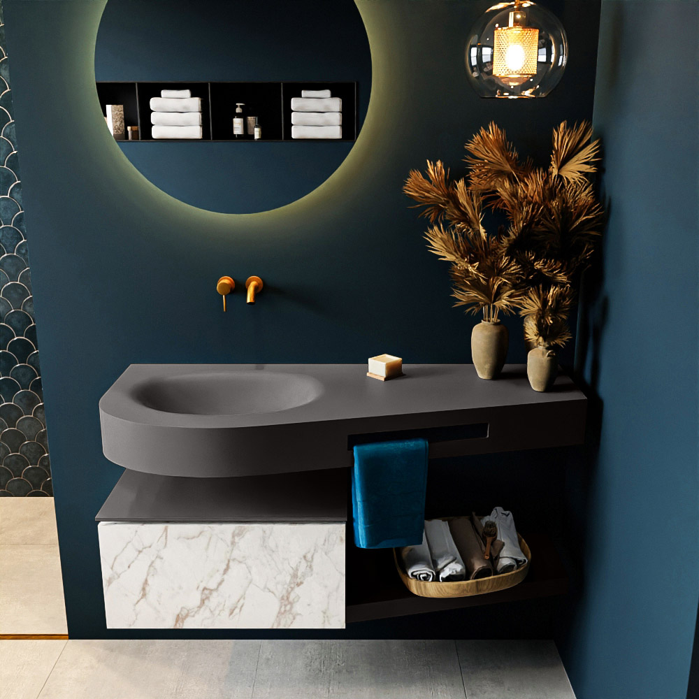 MONDIAZ RIVA 120cm mueble de baño / estante color Carrara con 1 cajón. Lavabo DULCET Izquierda sin orificio, color Dark Grey. 3 MONDIAZ RIVA 120cm mueble de baño / estante color Carrara con 1 cajón. Lavabo DULCET Izquierda sin orificio, color Dark Grey. - Imagen 3