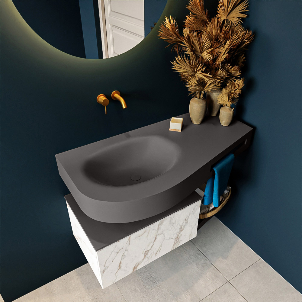 MONDIAZ RIVA 100cm mueble de baño / estante color Carrara con 1 cajón. Lavabo DULCET Izquierda sin orificio, color Dark Grey. 2 color Dark Grey.