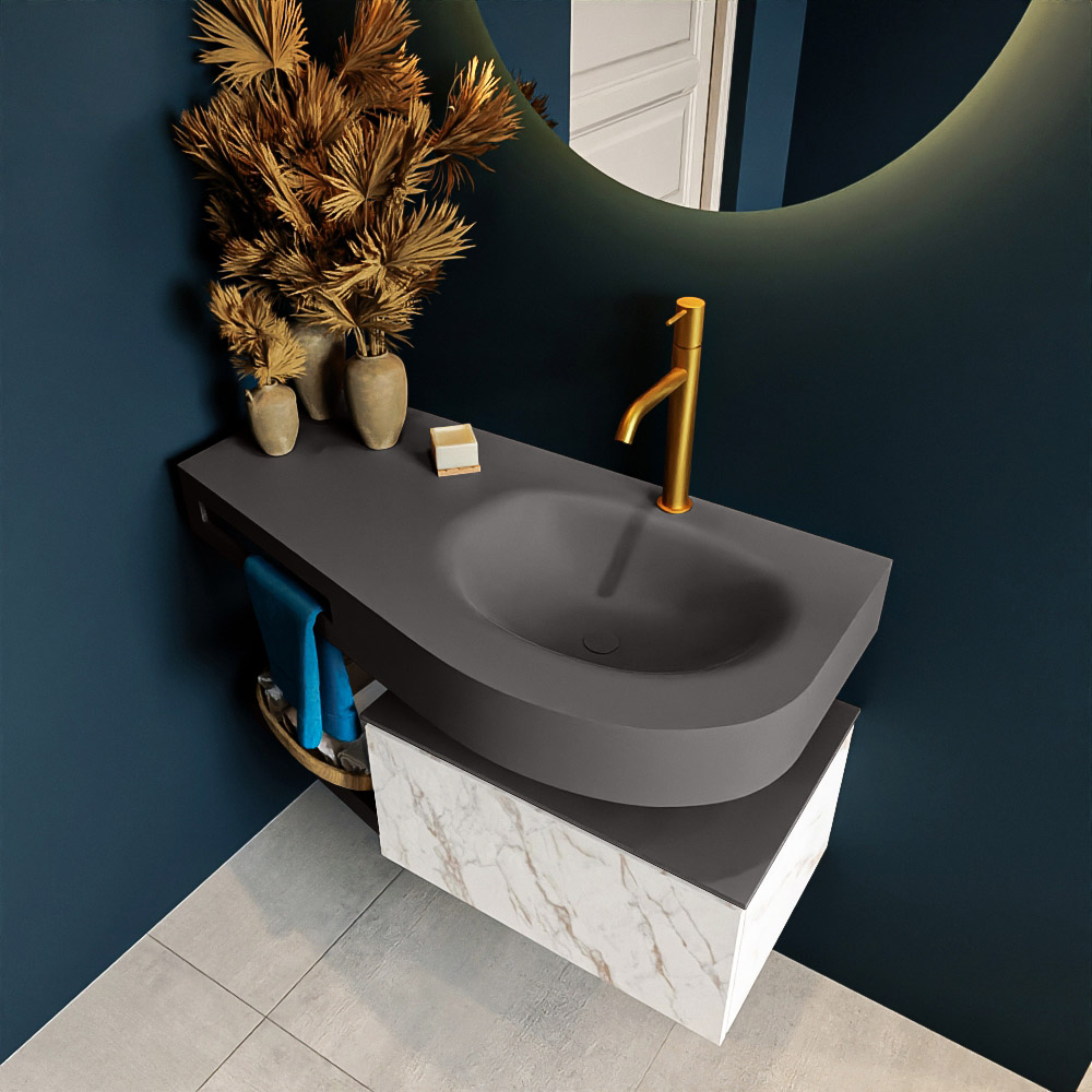 MONDIAZ RIVA 100cm mueble de baño / estante color Carrara con 1 cajón. Lavabo DULCET Derecho 1 orificio, color Dark Grey. 2 color Dark Grey.