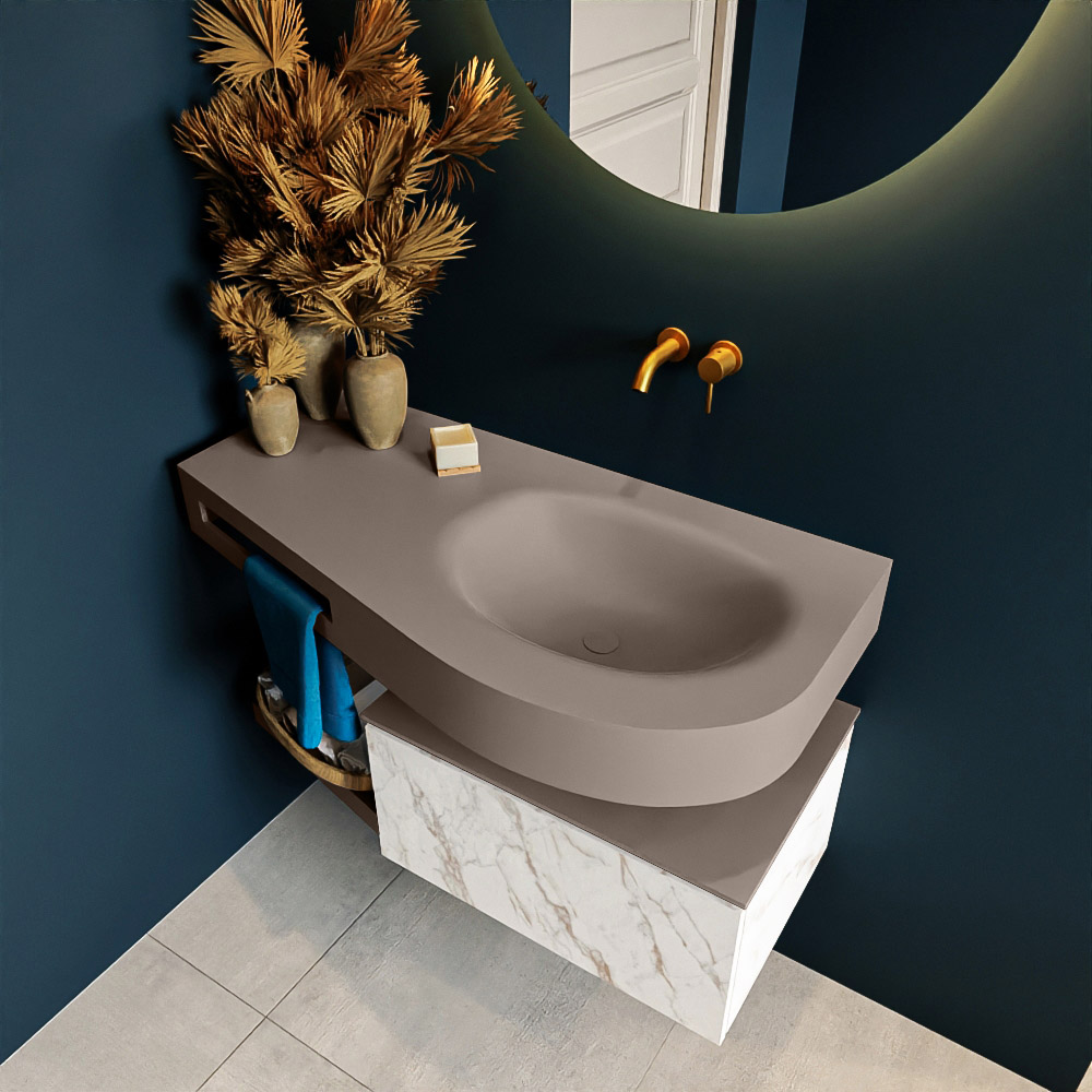 MONDIAZ RIVA 100cm mueble de baño / estante color Carrara con 1 cajón. Lavabo DULCET Derecho sin orificio, color Smoke. 2 color Smoke.
