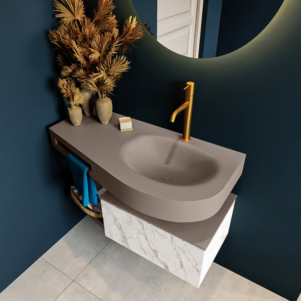 MONDIAZ RIVA 100cm mueble de baño / estante color Carrara con 1 cajón. Lavabo DULCET Derecho 1 orificio, color Smoke. 2 color Smoke.