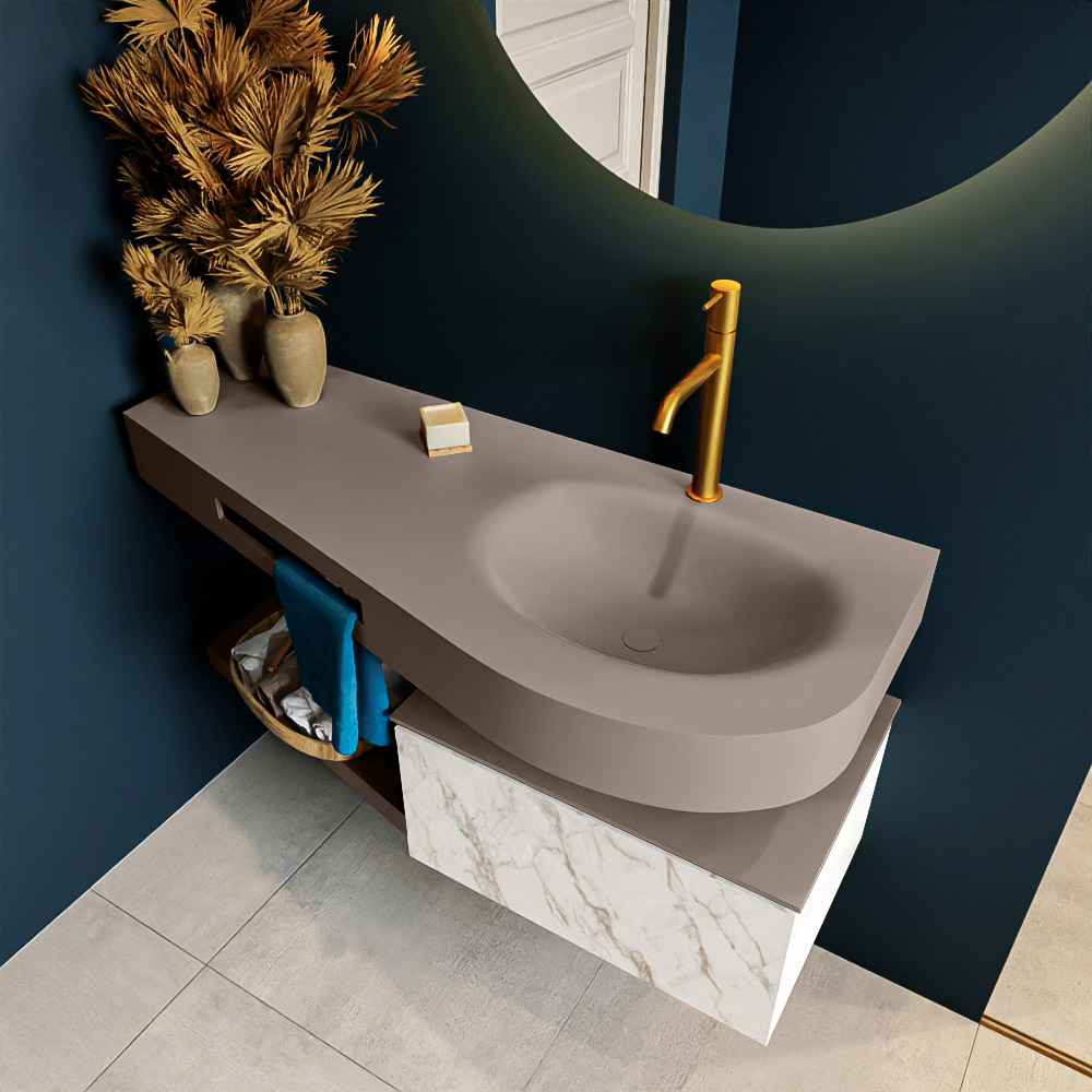 MONDIAZ RIVA 120cm mueble de baño / estante color Carrara con 1 cajón. Lavabo DULCET Derecho 1 orificio, color Smoke. 2 color Smoke.