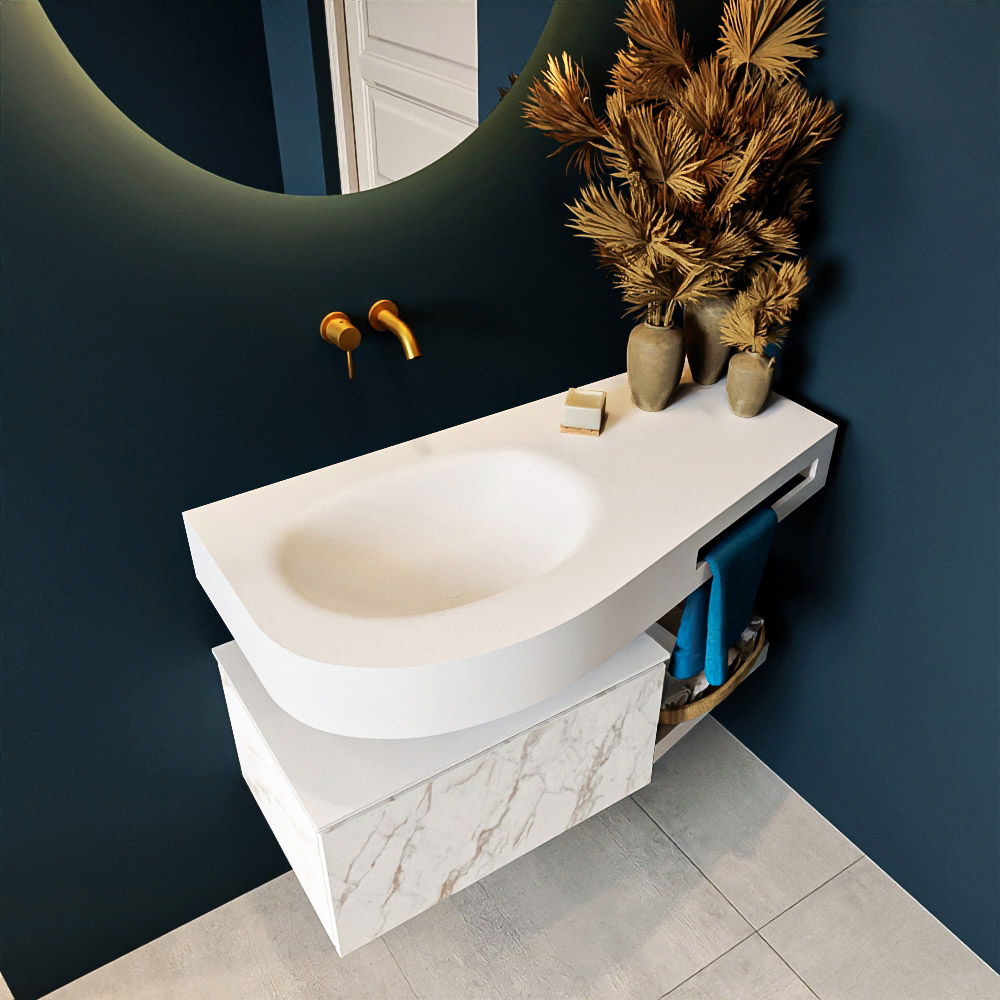 MONDIAZ RIVA 100cm mueble de baño / estante color Carrara con 1 cajón. Lavabo DULCET Izquierda sin orificio, color Talc. 2 color Talc.