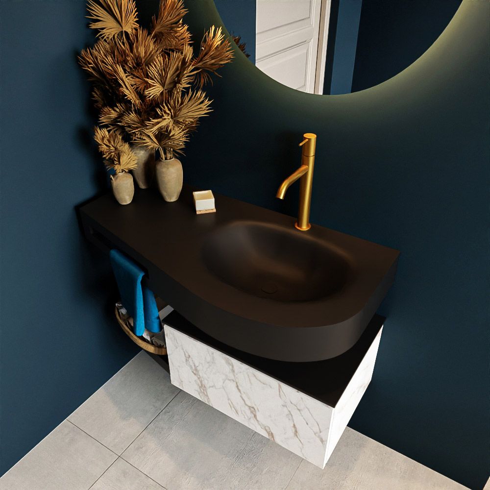 MONDIAZ RIVA 100cm mueble de baño / estante color Carrara con 1 cajón. Lavabo DULCET Derecho 1 orificio, color Urban. 2 color Urban.