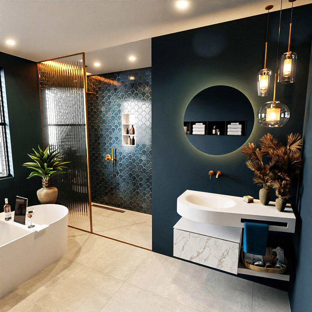 MONDIAZ RIVA 100cm mueble de baño / estante color Carrara con 1 cajón. Lavabo DULCET Izquierda sin orificio, color Talc. 1 MONDIAZ RIVA 100cm mueble de baño / estante color Carrara con 1 cajón. Lavabo DULCET Izquierda sin orificio