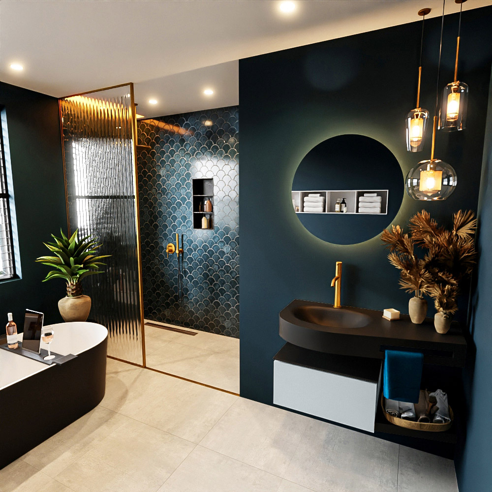 MONDIAZ RIVA 100cm mueble de baño / estante color Clay con 1 cajón. Lavabo DULCET Izquierda 1 orificio, color Urban. 1 MONDIAZ RIVA 100cm mueble de baño / estante color Clay con 1 cajón. Lavabo DULCET Izquierda 1 orificio