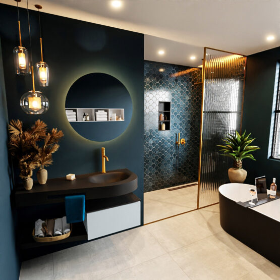 MONDIAZ RIVA 120cm mueble de baño / estante color Clay con 1 cajón. Lavabo DULCET Derecho 1 orificio