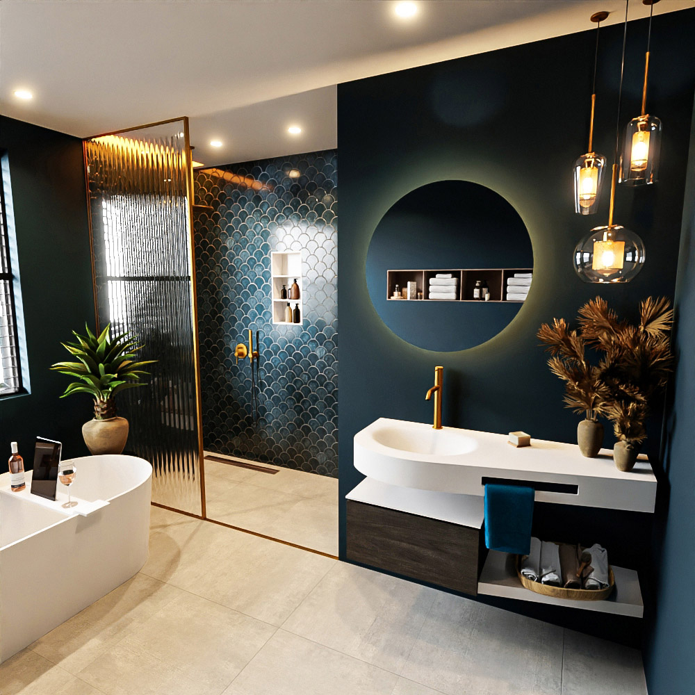 MONDIAZ RIVA 120cm mueble de baño / estante color Dark Brown con 1 cajón. Lavabo DULCET Izquierda 1 orificio, color Talc. 1 MONDIAZ RIVA 120cm mueble de baño / estante color Dark Brown con 1 cajón. Lavabo DULCET Izquierda 1 orificio