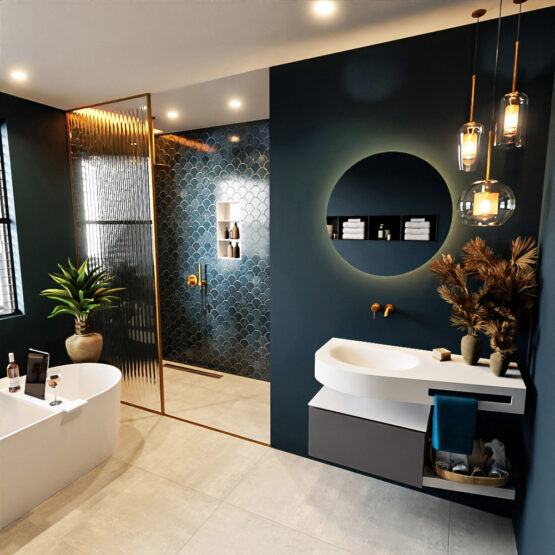 MONDIAZ RIVA 100cm mueble de baño / estante color Dark Grey con 1 cajón. Lavabo DULCET Izquierda sin orificio