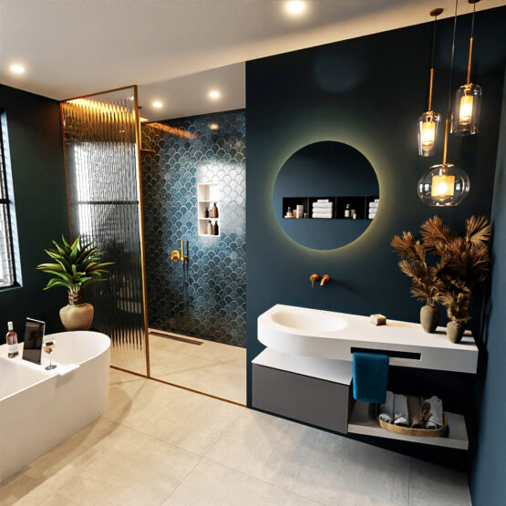 MONDIAZ RIVA 120cm mueble de baño / estante color Dark Grey con 1 cajón. Lavabo DULCET Izquierda sin orificio