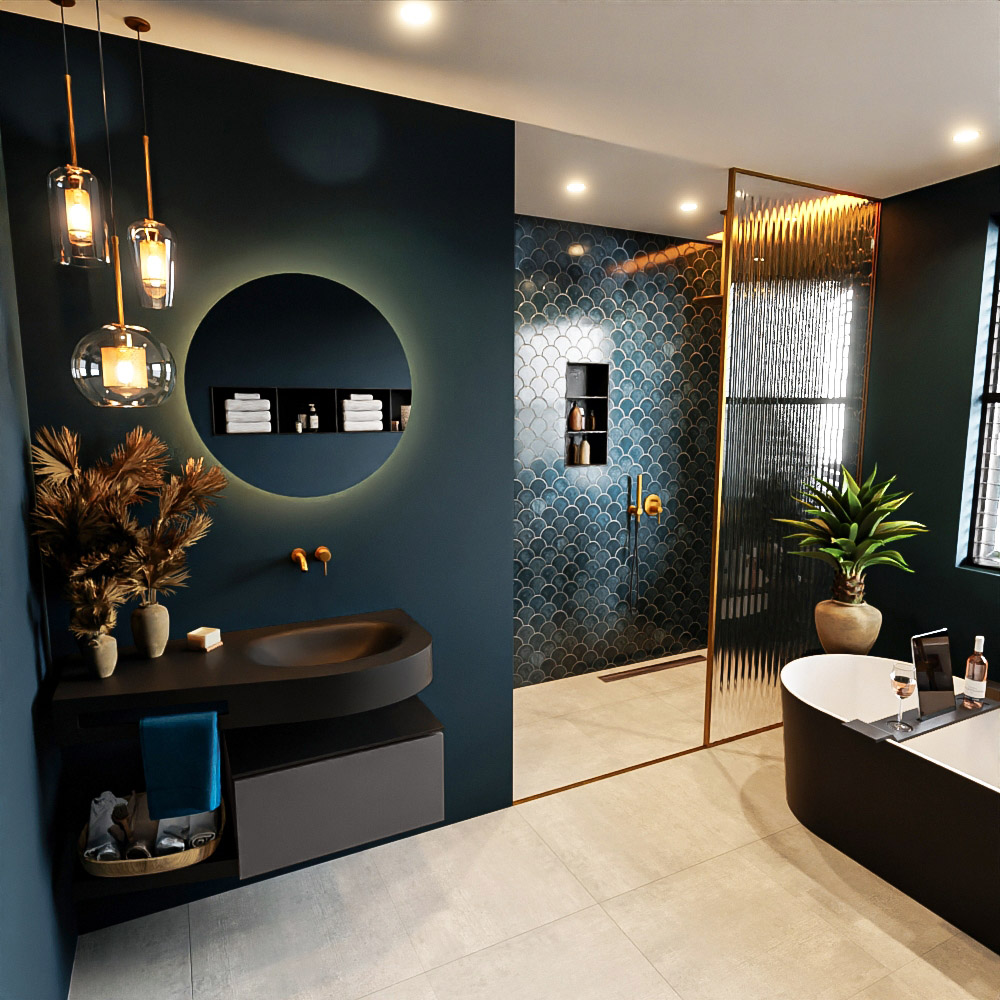 MONDIAZ RIVA 100cm mueble de baño / estante color Dark Grey con 1 cajón. Lavabo DULCET Derecho sin orificio, color Urban. 1 MONDIAZ RIVA 100cm mueble de baño / estante color Dark Grey con 1 cajón. Lavabo DULCET Derecho sin orificio