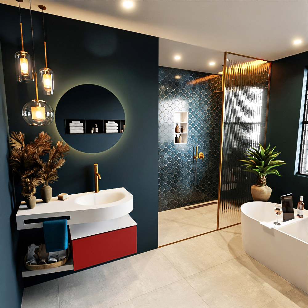 MONDIAZ RIVA 100cm mueble de baño / estante color Fire con 1 cajón. Lavabo DULCET Derecho 1 orificio, color Talc. 1 MONDIAZ RIVA 100cm mueble de baño / estante color Fire con 1 cajón. Lavabo DULCET Derecho 1 orificio