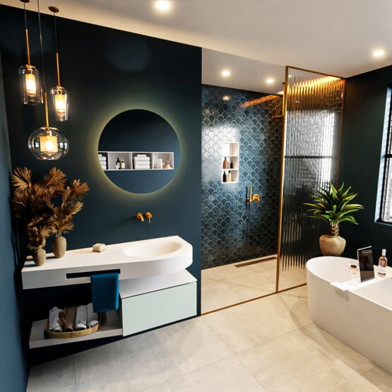 MONDIAZ RIVA 120cm mueble de baño / estante color Greey con 1 cajón. Lavabo DULCET Derecho sin orificio