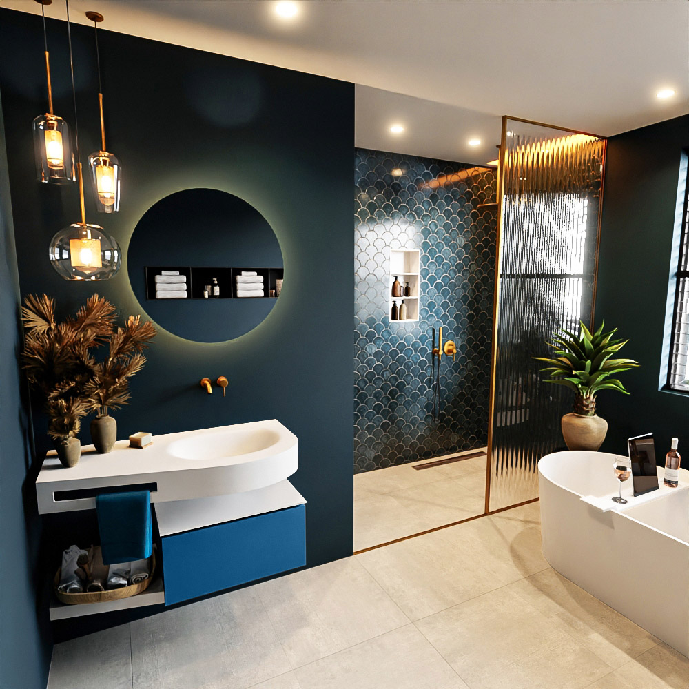 MONDIAZ RIVA 100cm mueble de baño / estante color Jeans con 1 cajón. Lavabo DULCET Derecho sin orificio, color Talc. 1 MONDIAZ RIVA 100cm mueble de baño / estante color Jeans con 1 cajón. Lavabo DULCET Derecho sin orificio