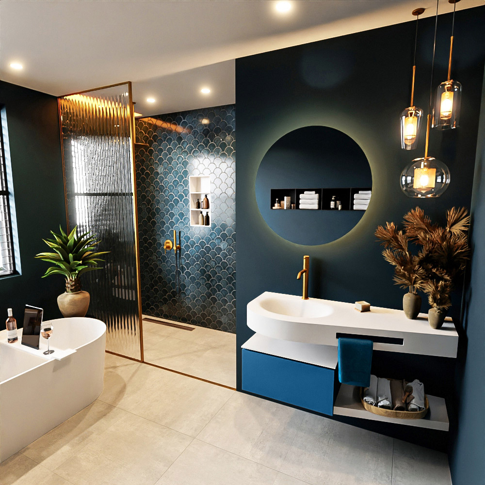 MONDIAZ RIVA 120cm mueble de baño / estante color Jeans con 1 cajón. Lavabo DULCET Izquierda 1 orificio, color Talc. 1 MONDIAZ RIVA 120cm mueble de baño / estante color Jeans con 1 cajón. Lavabo DULCET Izquierda 1 orificio